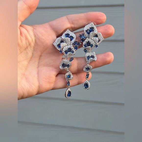 Luxury Blue Crystal Drop Earrings with sterling silver Stud - Picture 11 of 14